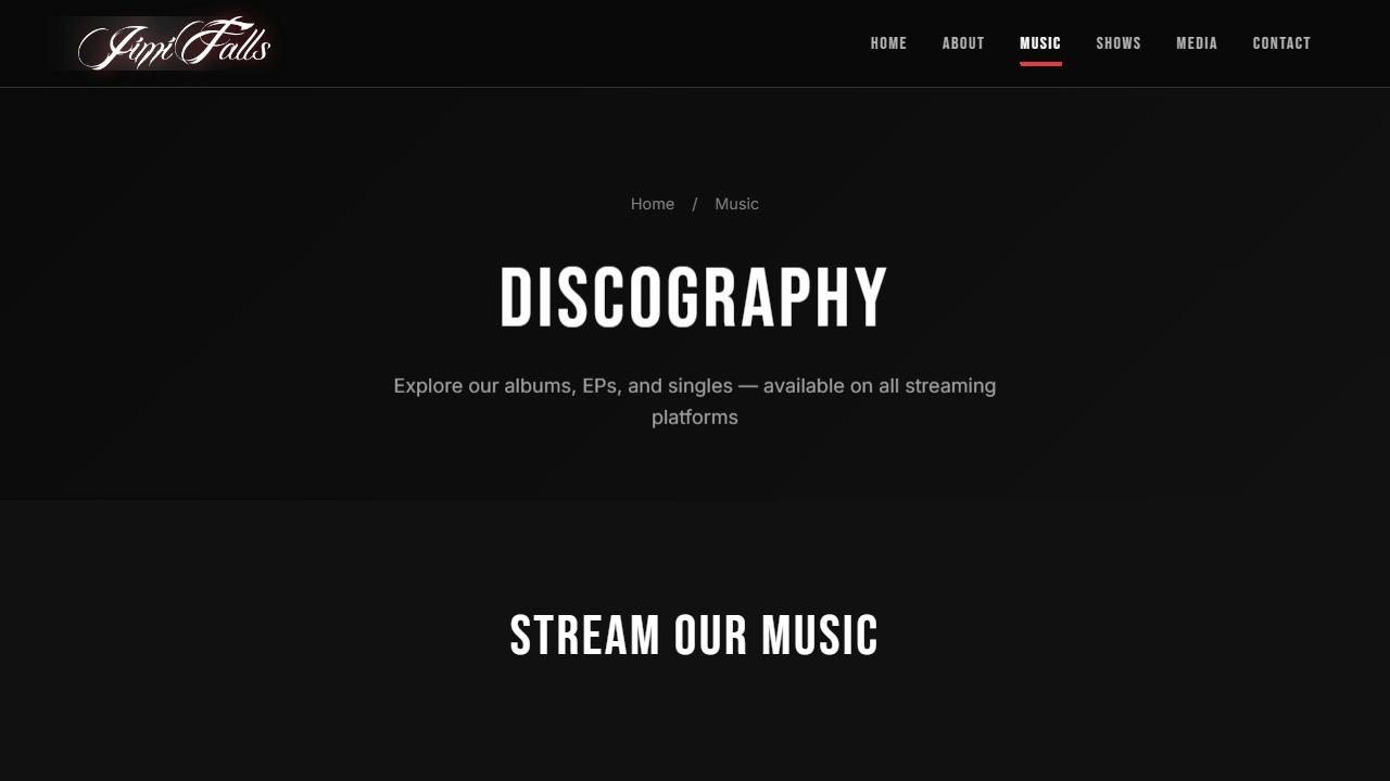 Jimi Falls music page with Spotify integration
